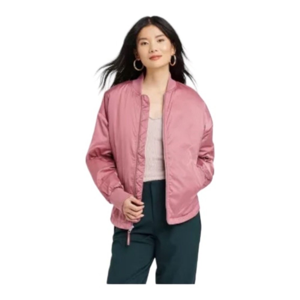 NWT Women's Berry Pink Bomber Jacket Water Resistant cute detail in‎ back Sz L